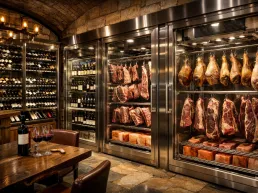 Interior de una bodega sofisticada con estanter&iacute;as de vino, mesas de cata, y c&aacute;maras de maduraci&oacute;n de carnes con cortes colgados y bloques de sal, iluminado con luz c&aacute;lida.