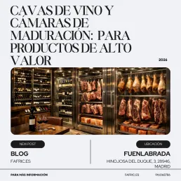 Interior de una bodega sofisticada con estanterías de vino, mesas de cata, y cámaras de maduración de carnes con cortes colgados y bloques de sal, iluminado con luz cálida.