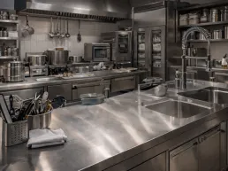 Mobiliario de acero inoxidable personalizado en cocina de restaurante moderno con mesas y fregaderos inox